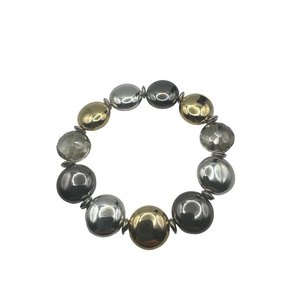 Multi Toned Metallic and Crystal Stretch Bracelet Silver Gold Black Smoke 7.5 in - Picture 4 of 5
